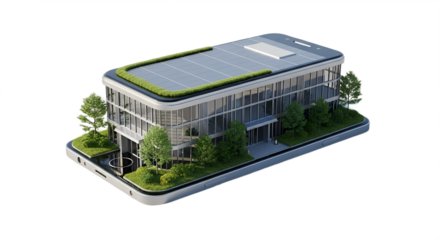 Modern building with green roof design placed atop a mobile phone creating an imaginative scene