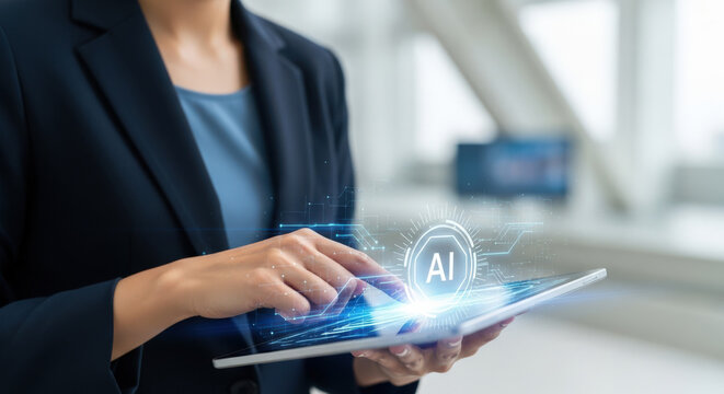 Businesswoman Using Artificial Intelligence on Tablet Display to Analyze Data and Make Strategic Decisions in a Modern Office Environment