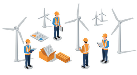 Engineers assessing wind turbine farm in isometric style