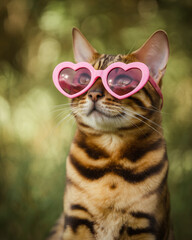 Cat wearing heart-shaped sunglasses enjoys a sunny day outdoors in nature