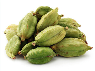 Green cardamom pods piled up showcasing their unique shape and color in natural setting