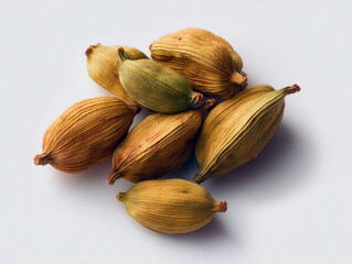 Dried cardamom pods arranged on a smooth surface showcasing their unique shapes and colors