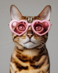 Cute cat wearing heart-shaped sunglasses poses against a neutral background for a fun and stylish look