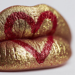 Golden lips with red heart design showcase creative art in makeup