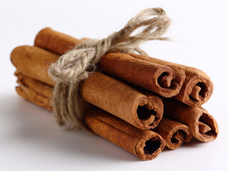 Sticks of cinnamon bundled with twine displayed on a light background for culinary uses
