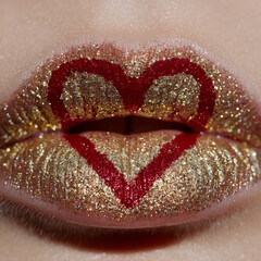 Creative makeup design features glittery golden lips with a heart shape in red at a beauty event