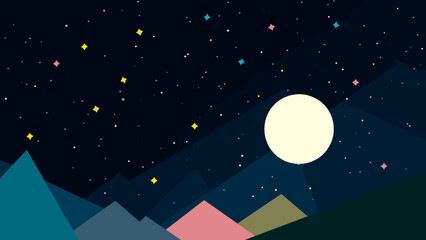 Naklejka premium A serene minimalist vector illustration of a geometric mountain landscape under a starry night sky with a bright full moon