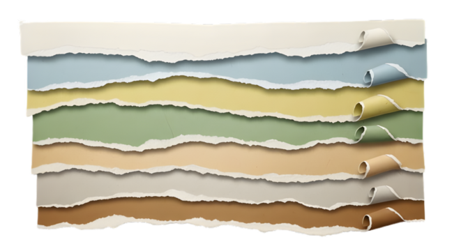 Torn paper layers with curled edges isolated on transparent background