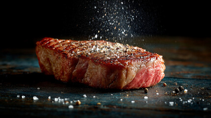 Cook seasoning a raw steak with coarse salt on a dark wooden surface, dramatic lighting emphasizing the texture of meat and falling salt grains.