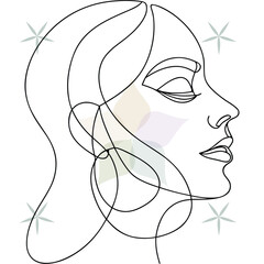 Minimalist Line Drawing Woman Profile with Closed Eyes Star Accents abstract beauty single lineart