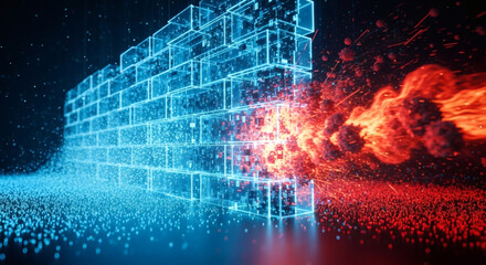Futuristic cybersecurity concept of a glowing blue digital firewall protecting against a red attack of viruses and malware, symbolizing data protection and network defense.