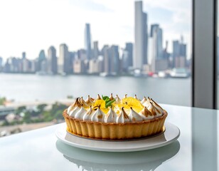 Delicious lemon tart on a white plate with city skyline background