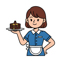 Waitress in blue uniform holding plate with chocolate cake and strawberry topping