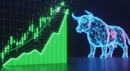 Futuristic bull market concept, with a glowing green stock chart and arrow trending up next to a digital blue polygonal bull, symbolizing financial growth and trading success.