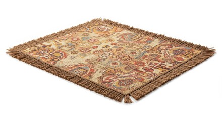 Woven square textile item featuring intricate traditional pattern and fringed edges rests against a white background