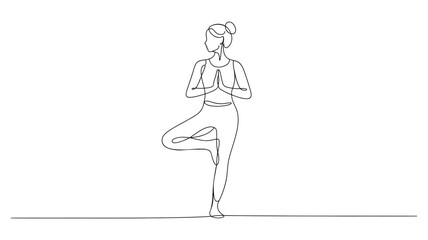 continuous line drawing of a woman performing tree pose with prayer hands – minimalist yoga illustration for balance, focus, and mindfulness