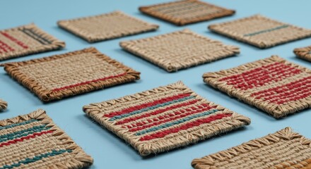 Multiple woven natural fiber mats with colored thread accents are displayed on a pale blue surface.