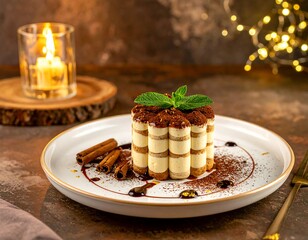 Delicious tiramisu dessert on a plate with cinnamon sticks and candle