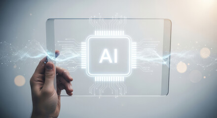 Artificial Intelligence on Transparent Tablet Display Futuristic Technology Concept with Glowing Circuit Board and Data Streams for Innovation and Digital Transformation
