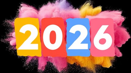 Colorful powder explosion creating vibrant 2026 numbers against a dark background, symbolizing celebration, creativity, and the excitement of a new year with dynamic visual impact and artistic flair