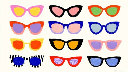 Colorful collection of stylish sunglasses arranged in a grid pattern showcasing various shapes and vibrant hues, perfect for summer fashion trends and eye protection accessories