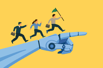 Fototapeta premium AI Artificial Intelligence help support business success, technology or innovation for new opportunity, invention for business growth concept, business people walking up on robot hand pointing up.