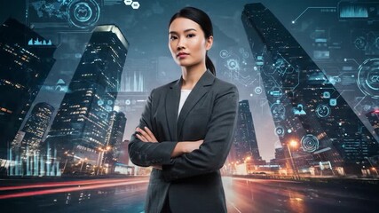 Confident woman in a suit, arms crossed, in a city with data overlays and tall buildings at night - Powered by Adobe