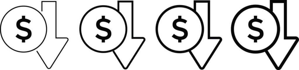 Cost reduction icon price lower arrow. Save Money symbols. Price Reduction sign. Money Saving Graphic designs. Cost Cutting Icons

