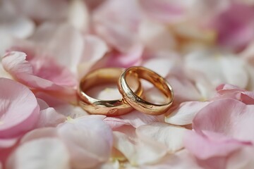Two wedding rings surrounded by soft petals, symbolizing eternal love, perfect for use in romantic photography or editorial work.