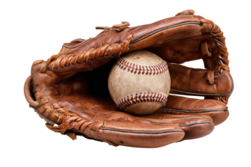 Baseball glove holding a ball.  Aged leather baseball mitt cradles a well-worn ball