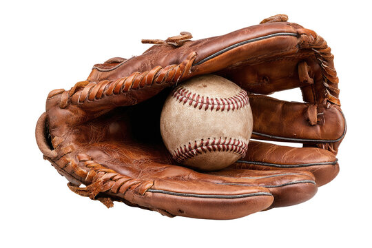 Baseball glove holding a ball.  Aged leather baseball mitt cradles a well-worn ball