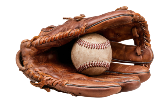 Baseball glove holding a ball.  Aged leather baseball mitt cradles a well-worn ball