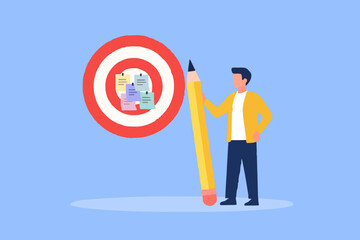 Goal setting, achievable target or purposeful objective, mission to accomplish or challenge to win for business success concept, businessman write down goal on notes and put on big dartboard target.