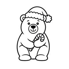 Christmas bear with Santa hat and candy cane line drawing.