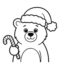 Cute bear holding candy cane. Christmas line drawing for coloring.