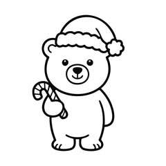 Cute Christmas teddy bear line art. Holiday coloring page vector illustration with Santa hat and candy cane. Ideal for kids books and greeting cards