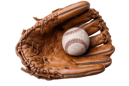 Baseball glove holding a ball.  A vintage, tan leather baseball mitt cradles a classic white baseball with red stitching.  Image is isolated on black background