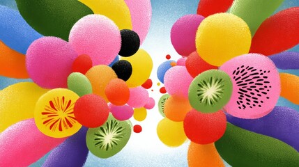 Colorful abstract illustration featuring vibrant fruit shapes and textures, including citrus slices and berries, creating a lively and dynamic visual experience with a playful atmosphere