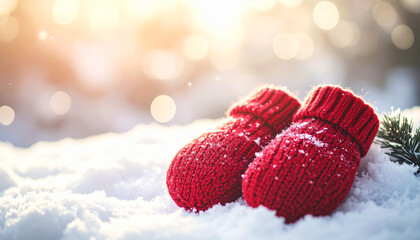 雪の上に置かれた赤いミトンが冬のぬくもりと朝日のやさしさを感じさせる季節の情景