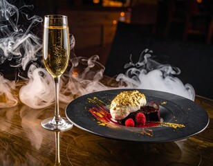 Elegant dessert with sparkling wine served in a luxurious environment