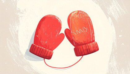 赤いミトンの手袋が紐でつながれた冬のあたたかさを感じる手描き風イラスト