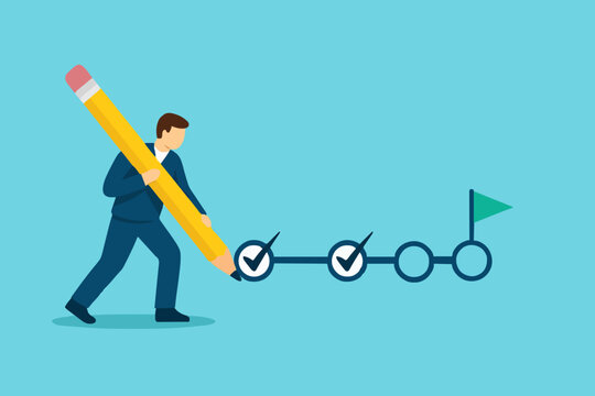 Project tracking, goal tracker, task completion or checklist to remind project progress concept, businessman project manager holding big pencil to check completed tasks in project management timeline.