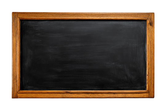 A blank, dark-colored chalkboard with a light wooden frame