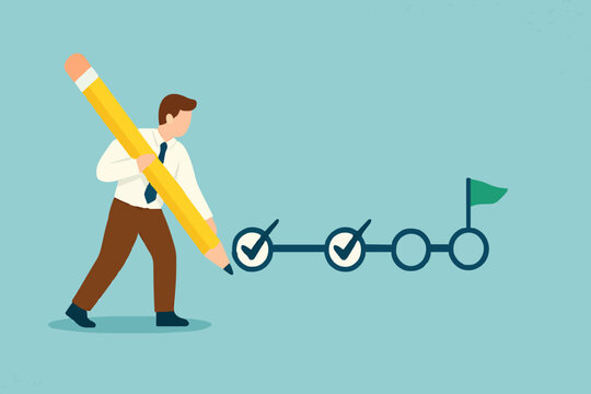 Project tracking, goal tracker, task completion or checklist to remind project progress concept, businessman project manager holding big pencil to check completed tasks in project management timeline.