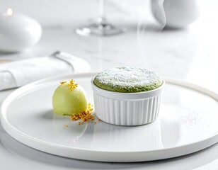Elegant green souffle dessert with ice cream on white plate