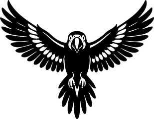 Flat vector of a parrot in flight viewed from the front in black silhouette.