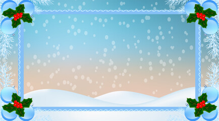 An elegant winter holiday background with blue Christmas baubles, holly leaves, red berries, snowflakes, and snow-covered hills. Perfect for holiday cards, invitations, banners, and seasonal designs.