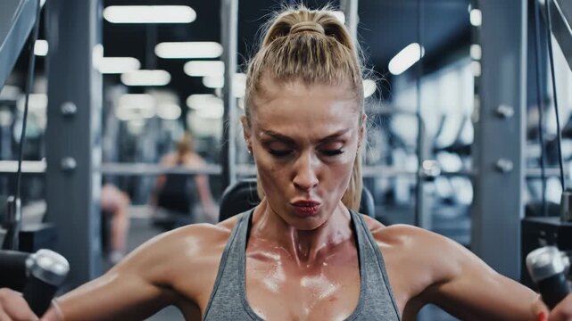 Determined Woman Working Out on Pec Deck Machine at the Gym