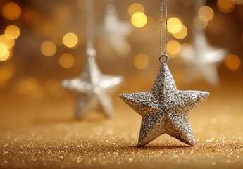 Silver glittering star ornament hanging against a golden bokeh background. Elegant Christmas decoration concept with festive sparkle, light, and warmth, perfect for holiday celebration themes.