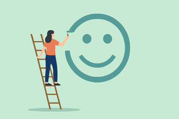 Fototapeta premium Happiness and positive thinking, optimism or motivation to live happy life concept, happy boy climb up ladder to paint smile face on the wall.